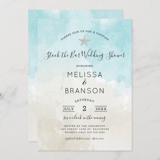 Invitation Beach Colours Couples stock du bar wedding shower (Devant / Derrière)