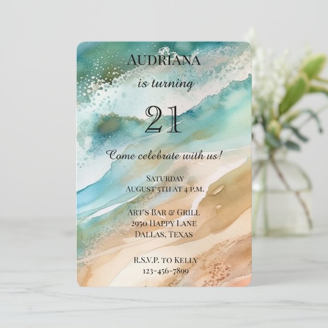 Invitation Beach Cream Aqua Ocean Anniversaire (Debout devant)