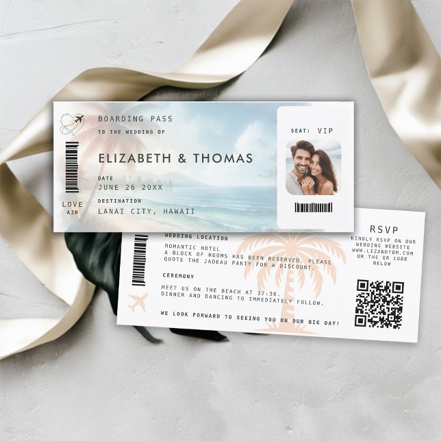 Invitation Beach Destination Boarding Pass QR All One Mariage (beach destination wedding invitation boarding pass qr code all in one tropical watercolor)