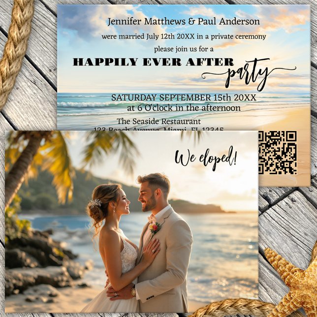 Invitation Beach Elopement Heureusement Jamais Après Photo Ma (Happily ever after or elopement photo wedding invitation featuring a watercolor painting of a beach)