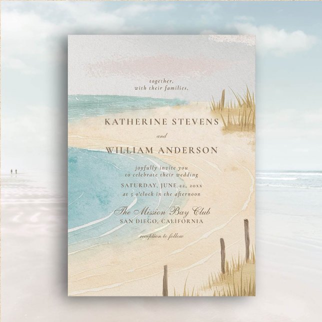 Invitation Beach Fence Ocean Grass Sky Art Mariage élégant (beach wedding invitation dreamy watercolor ocean fence grass nature formal modern classic)