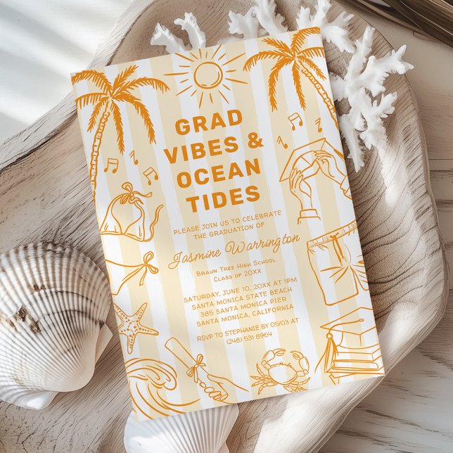 Invitation Beach Grad Vibes Doodle Yellow Graduation (Créateur téléchargé)
