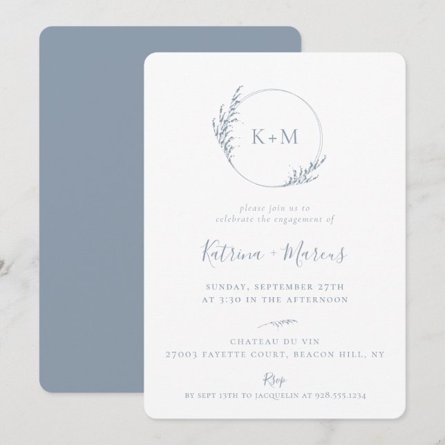 Invitation Beach Grass Monogramme Dusty Blue Engagement Party (Devant / Derrière)