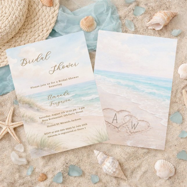 Invitation Beach hearts initials sand Bridal Shower (Créateur téléchargé)