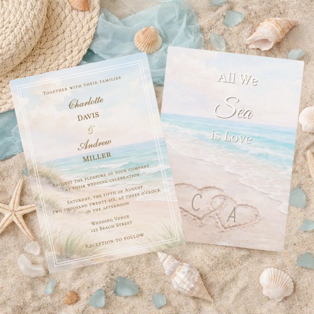 Invitation Beach hearts sand initials wedding (Créateur téléchargé)