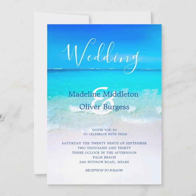 Invitation Beach Océan Bleu Tropical Destination Mariage (Dos)