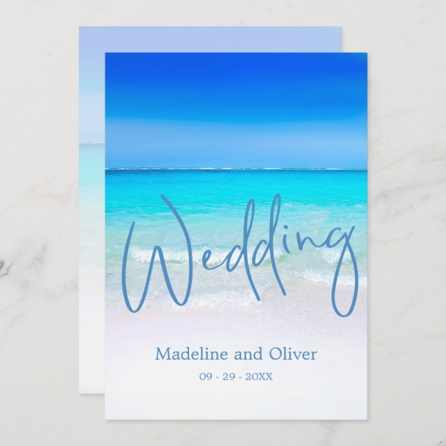 Invitation Beach Ocean Blue Sand Mariage moderne (Devant / Derrière)