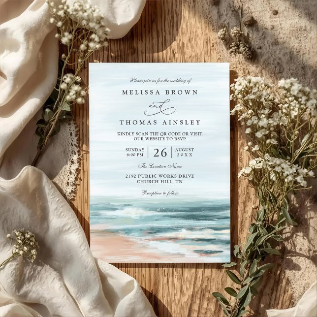 Invitation Beach Ocean Destination Elegant QR Code Wedding (Créateur téléchargé)
