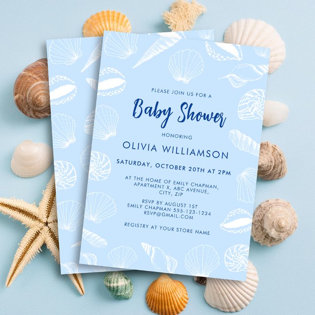 Invitation Beach Ocean Sea Shells Boy Baby shower (Baby blue seashell baby shower invitation for beach ocean mom to be celebrations.)