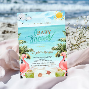 Invitation Beach Palm Pink Flamants roses Baby shower à cockt
