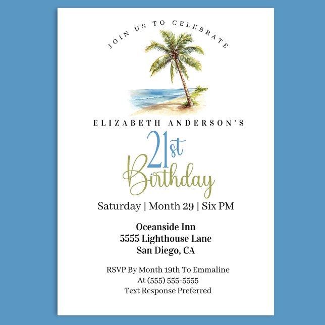 Invitation Beach Palm Tree 21st Birthday (Tropical beach 21st birthday invitation with watercolor palm tree ocean scene coastal party)