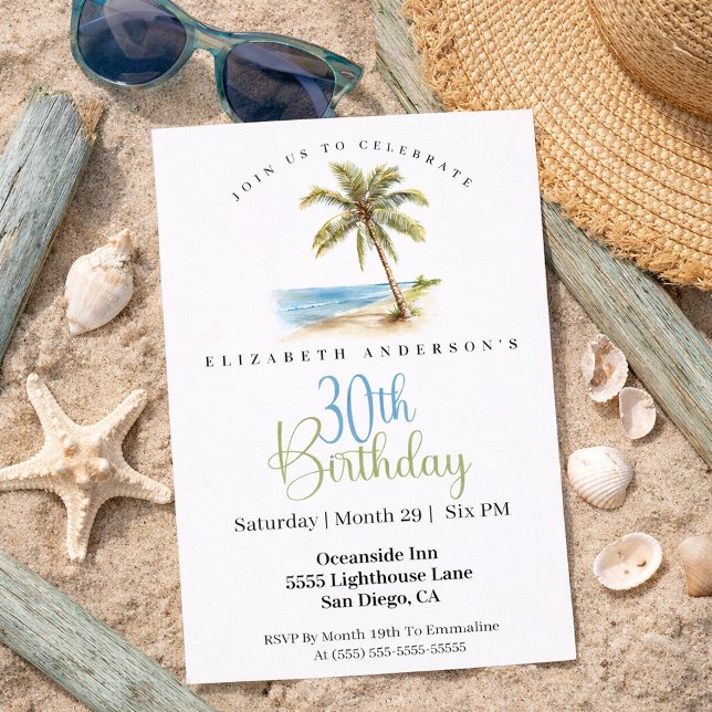 Invitation Beach Palm Tree 30th Birthday (Tropical beach palm tree 30th birthday invitation)
