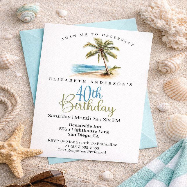 Invitation Beach Palm Tree 40th Birthday (Tropical beach palm tree 40th birthday invitation with coastal ocean theme and elegant typography
)
