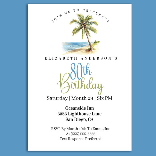 Invitation Beach Palm Tree 80th Birthday (Elegant tropical beach palm tree 80th birthday invitation with coastal ocean theme )