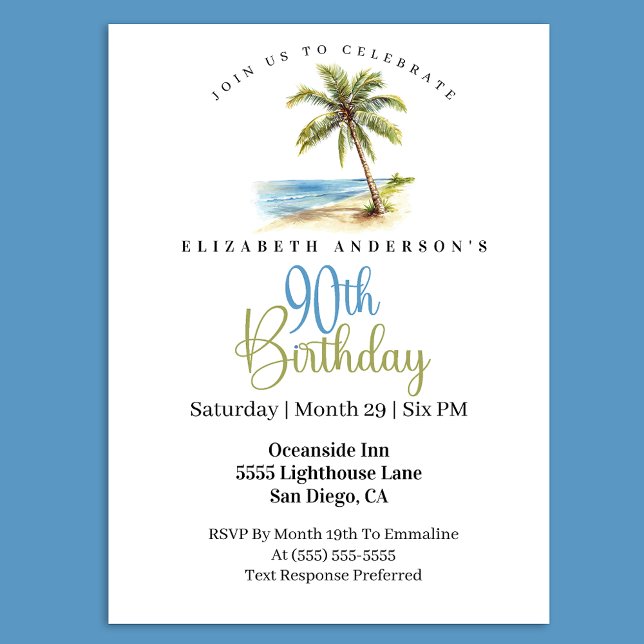 Invitation Beach Palm Tree 90th Birthday (Tropical beach palm tree 90th birthday invitation with a coastal ocean theme )