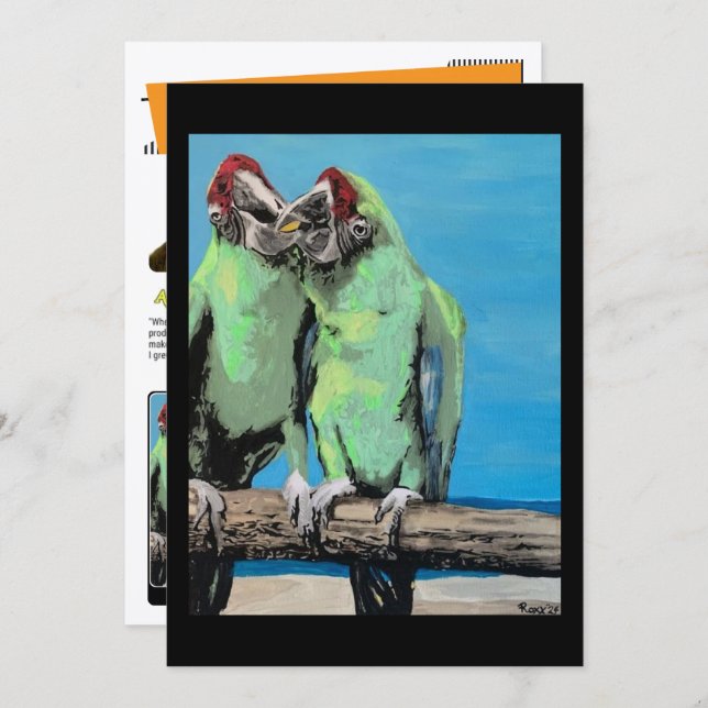 Invitation ‘Beach Parrots’ Painting on a Small-Scale Print  (Devant / Derrière)