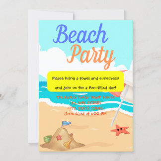 Invitation Beach Party avec Sand Castle & Starfish Party