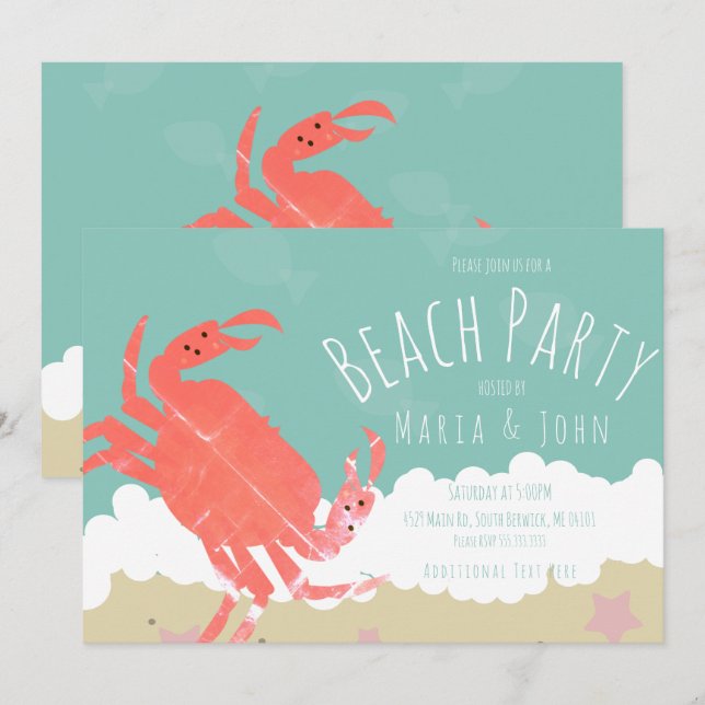 Invitation Beach Party Crabe Sable Ocean Waves (Devant / Derrière)