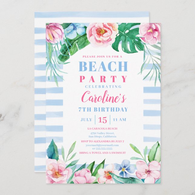 Invitation Beach Party Tropical Floral Bleu rayures Anniversa (Devant / Derrière)