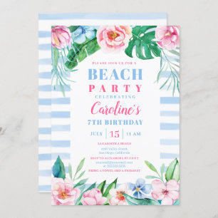 Invitation Beach Party Tropical Floral Bleu rayures Anniversa