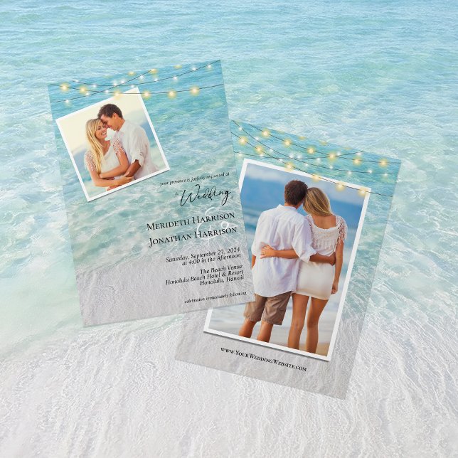Invitation Beach Photo Seaside String Lights Website (Front and Back - features your wedding website)