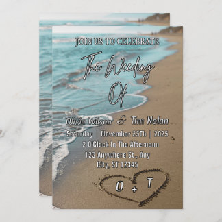 Invitation Beach Sand Hearts Elegant Tropical Modern Wedding