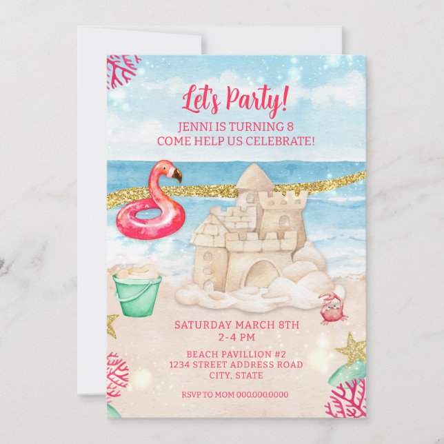 Invitation Beach Sandcastle Flamant rose Anniversaire Fête Té (Devant)