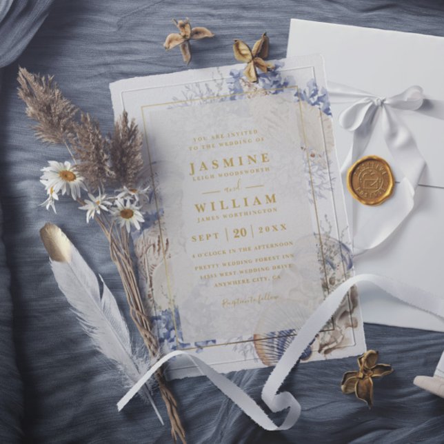 Invitation Beach Sea Shells Elegant Modern QR Code Wedding (Créateur téléchargé)