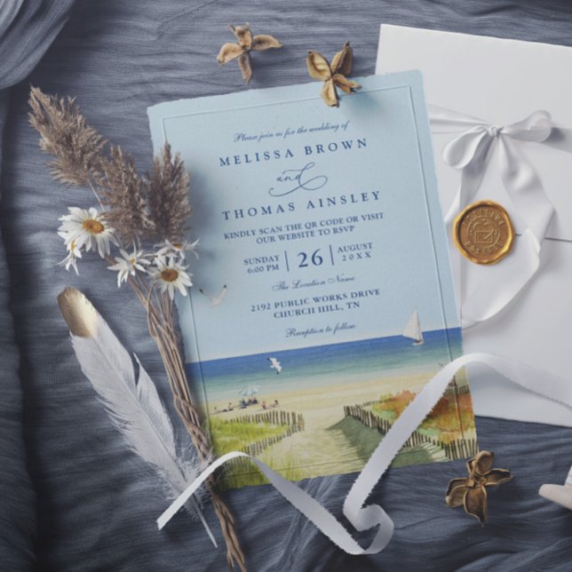 Invitation Beach Sea Tropical Sandy Elegant QR Code Wedding (Créateur téléchargé)