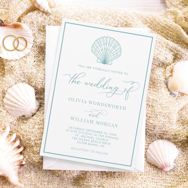 Invitation Beach Seashell Elégant Mariage bleu verre de mer (Créateur téléchargé)