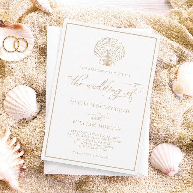 Invitation Beach Seashell Élégant Mariage de sable beige (Créateur téléchargé)