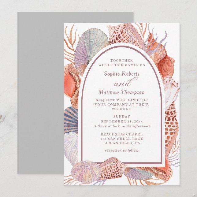 Invitation Beach Seashells Aquarelle Côte Chic Mariage Dans (Devant / Derrière)