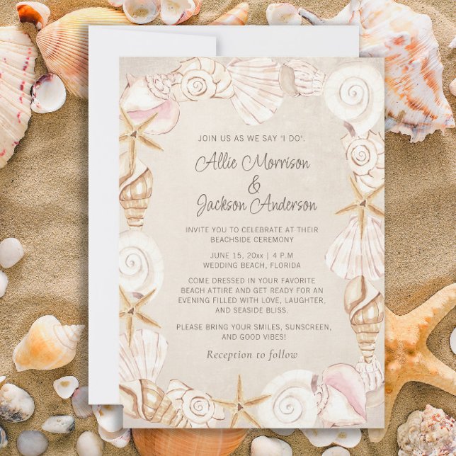 Invitation Beach Seashells Sand Mariage balnéaire (Beach, seashells, and starfish wedding invitation)