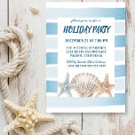 Invitation Beach Seashs Nautique Stripes Fête<br><div class="desc">Nautique Invitation de fête de vacances avec des coquillages de plage peints à la main,  aquarelle avec coup de pinceau,  rayures bleu et blanc rustique. Les détails de la fête sont en lettres bleu marine et peuvent être facilement personnalisés. Le côté inverse est un bleu marine classique.</div>