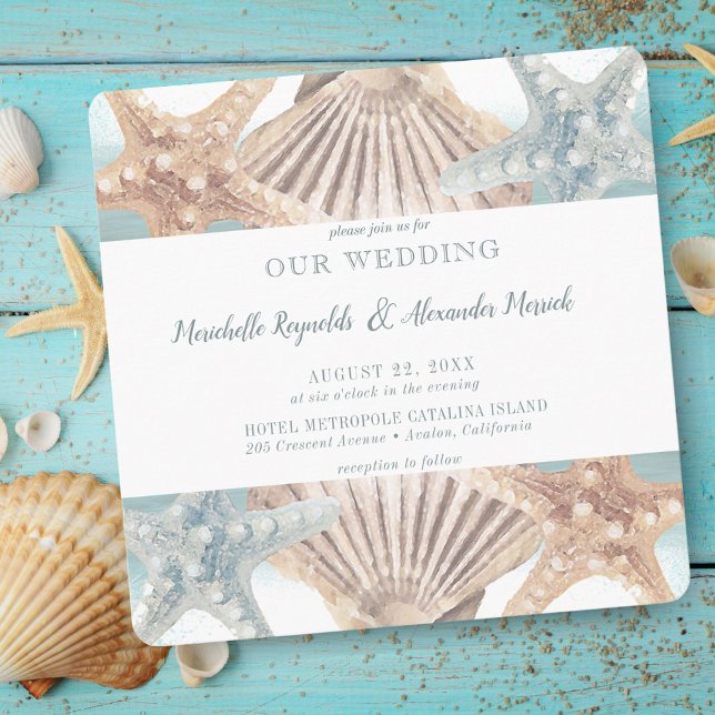 Invitation Beach Starfish Seashell Carré Mariage (Créateur téléchargé)