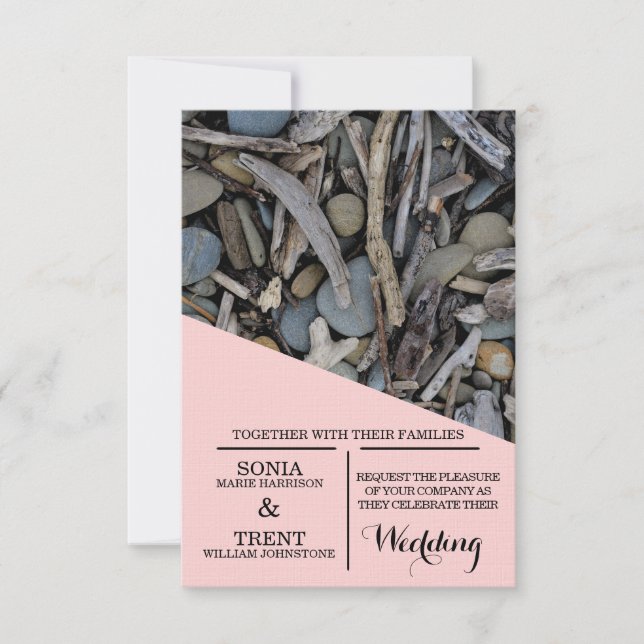 Invitation Beach Stones Driftwood Mariage (Devant)