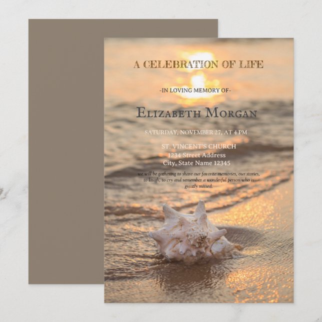 Invitation Beach Sunset Seashell Célébration De La Vie (Devant / Derrière)