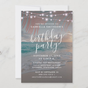 Invitation Beach Sunset String Lights Dusk Birthday Party