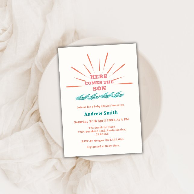 Invitation Beach Sunshine Voici Le Baby shower Son (Beach Sunshine Here Comes The Son Baby Shower Invitation)