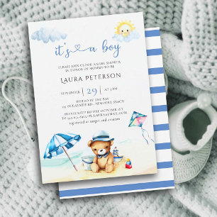Invitation Beach Teddy Bear Sun Watercolor Boy Baby shower