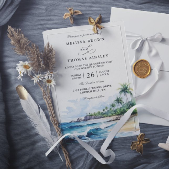 Invitation Beach Tropical Elegant Modern QR Code Wedding (Créateur téléchargé)