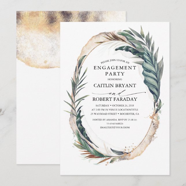 Invitation Beach Tropical Palm Feuilles Gold Engagement Party (Devant / Derrière)