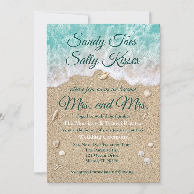 Invitation Beach Waves Sandy Toes Salty Kisses Mrs & Mrs. (Devant)