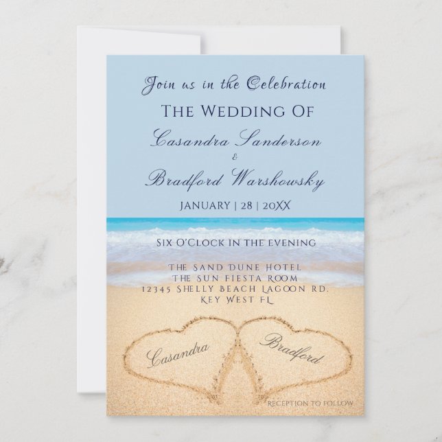 Invitation Beach Wedding 2 Coeurs Sand Mariage Dusty Blue (Devant)