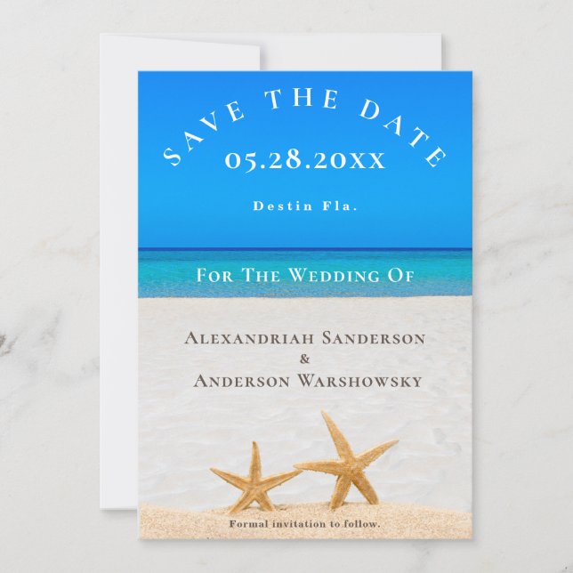 Invitation Beach Wedding 2 Starfish in Sand Enregistrer la da (Devant)