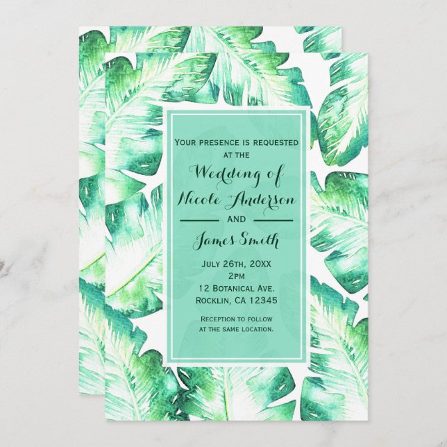 Invitation Beachy White & Green Tropical Feuille Mariage (Devant / Derrière)