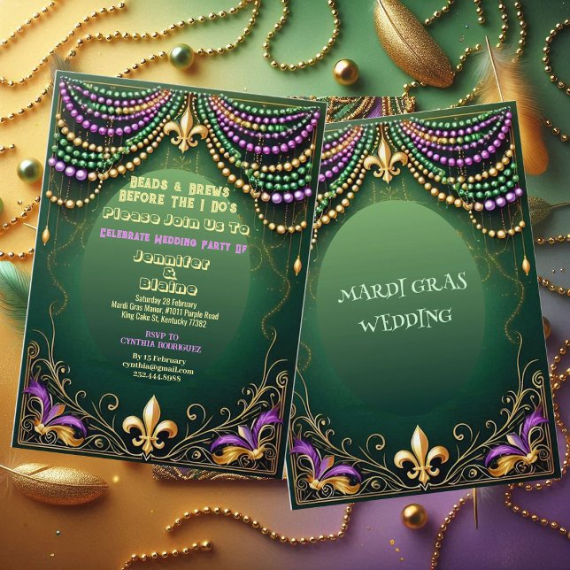 Invitation Bead & Brews Fleur De Lis Mardi Gras Mariage (Bead & Brews Fleur De Lis Mardi Gras Wedding Party Invitation)