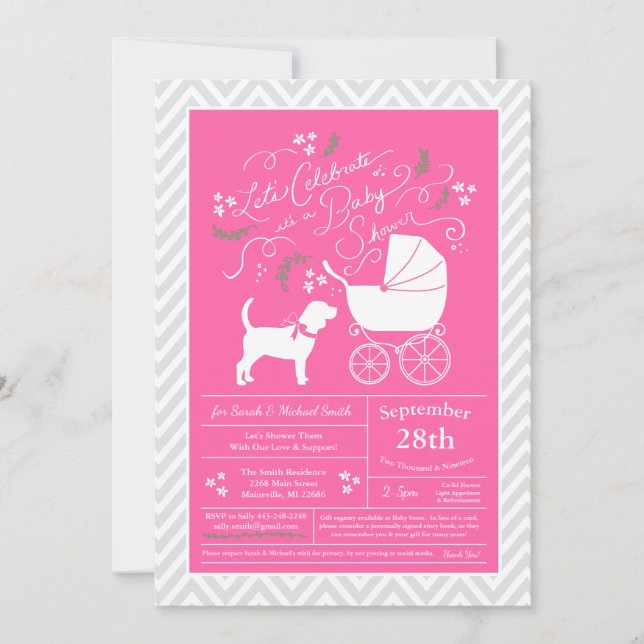 Invitation Beagle chien Baby shower fille rose (Devant)