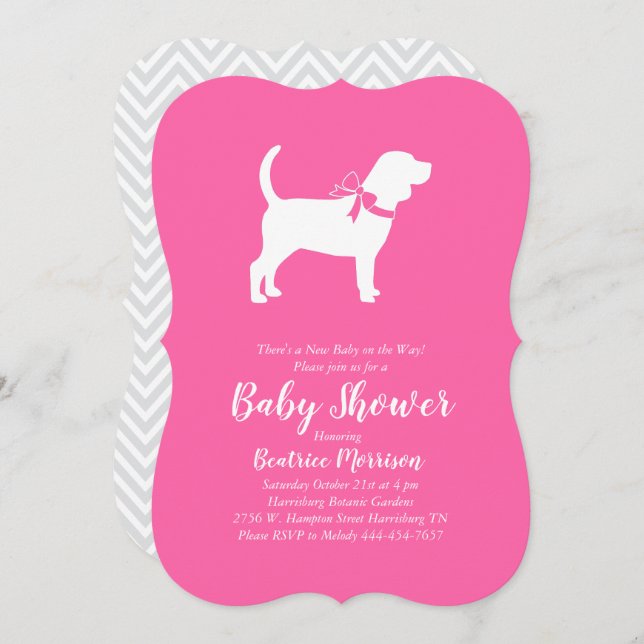 Invitation Beagle chien Baby shower fille rose (Devant / Derrière)