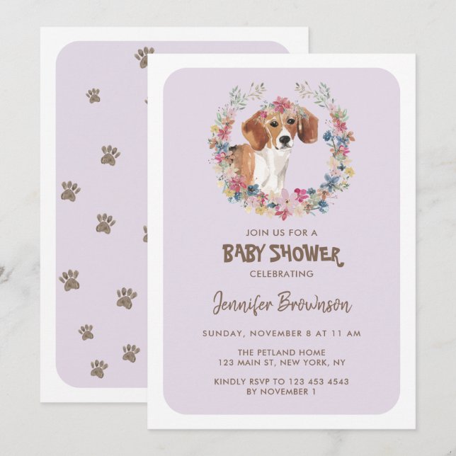 Invitation Beagle Chien Floral Couronne Baby shower (Devant / Derrière)